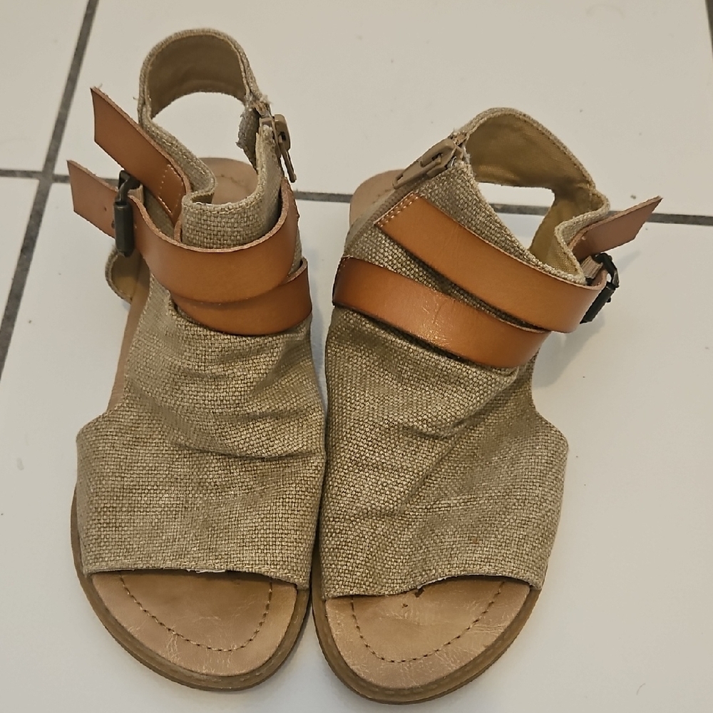 Women’s Beige Canvas and Tan Leather Ankle-Strap Sandals